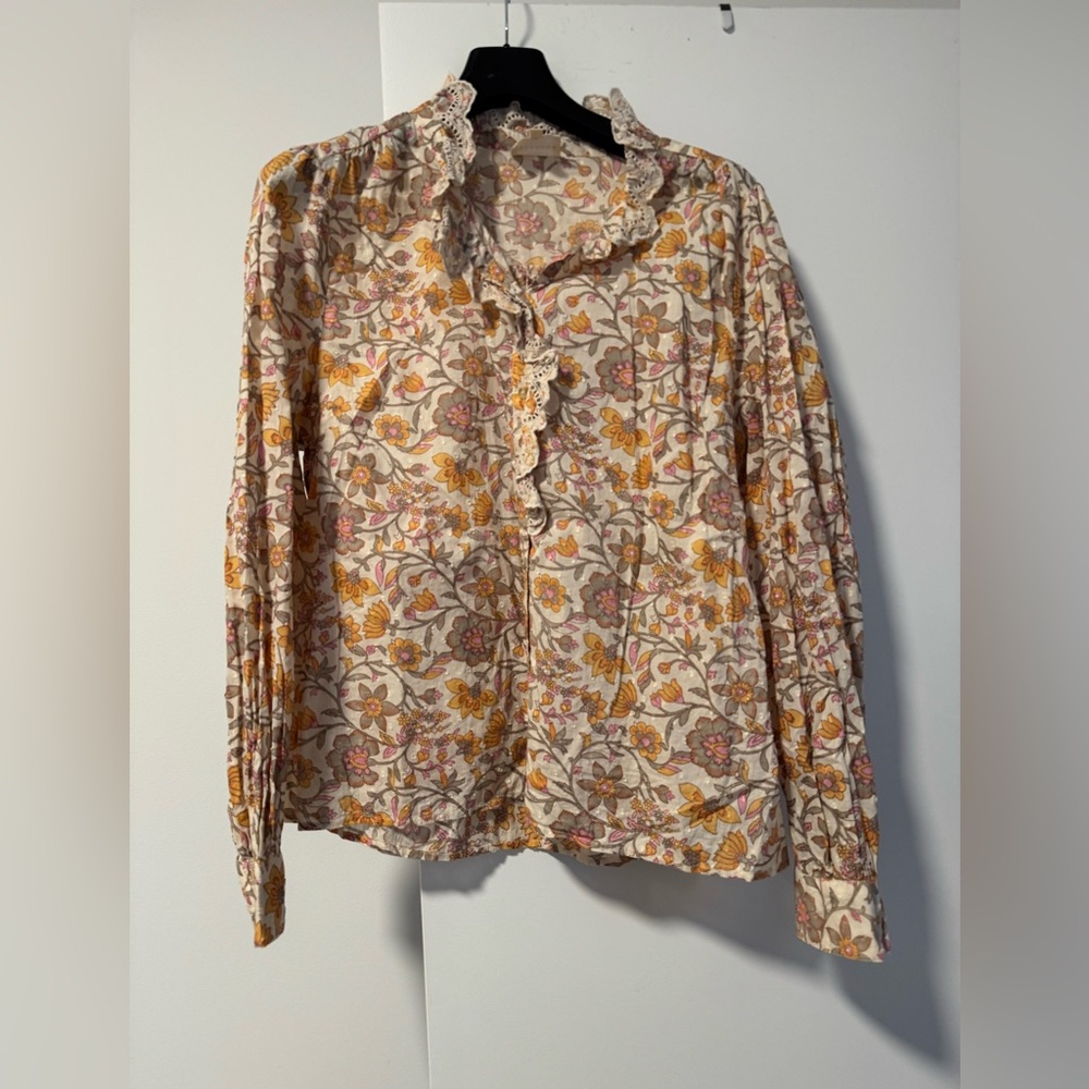 Sezane Elegant Floral Long Sleeve Blouse with Lace Detail, size 48 (16 US)